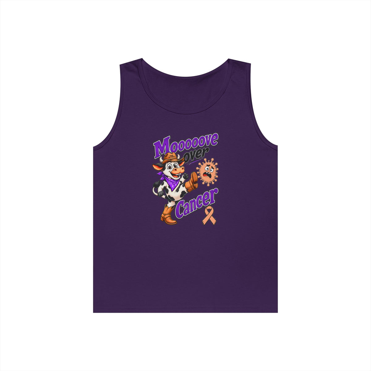Purple Moooove Over Cancer tank top with cow artwork and Uterine Cancer awareness ribbon
