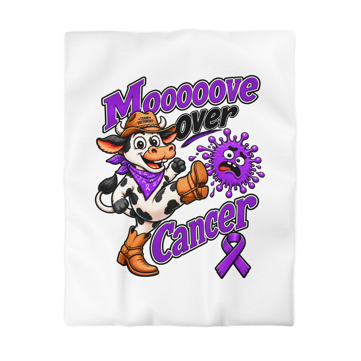 Close view of Moooove Over Cancer cow artwork on a Pancreatic Cancer awareness duvet cover