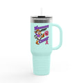 Moooove Over Cancer 40 oz travel mug in aqua with a pink Breast Cancer awareness ribbon