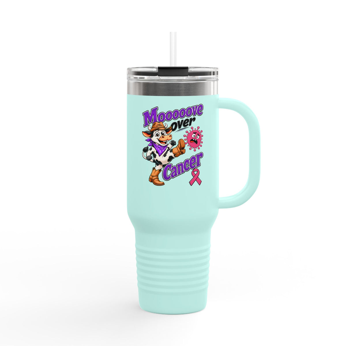 Moooove Over Cancer 40 oz travel mug in aqua with a pink Breast Cancer awareness ribbon