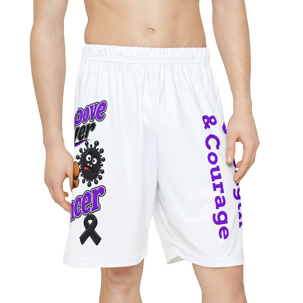 Front view of Moooove Over Cancer sports shorts with purple lettering and awareness ribbon