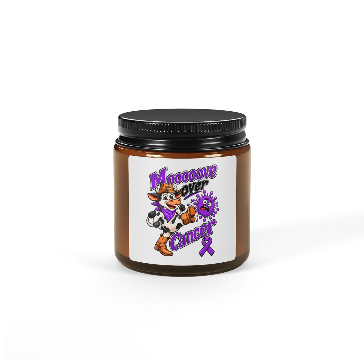 Moooove Over Cancer soy candle in an amber jar with Pancreatic Cancer awareness ribbon artwork