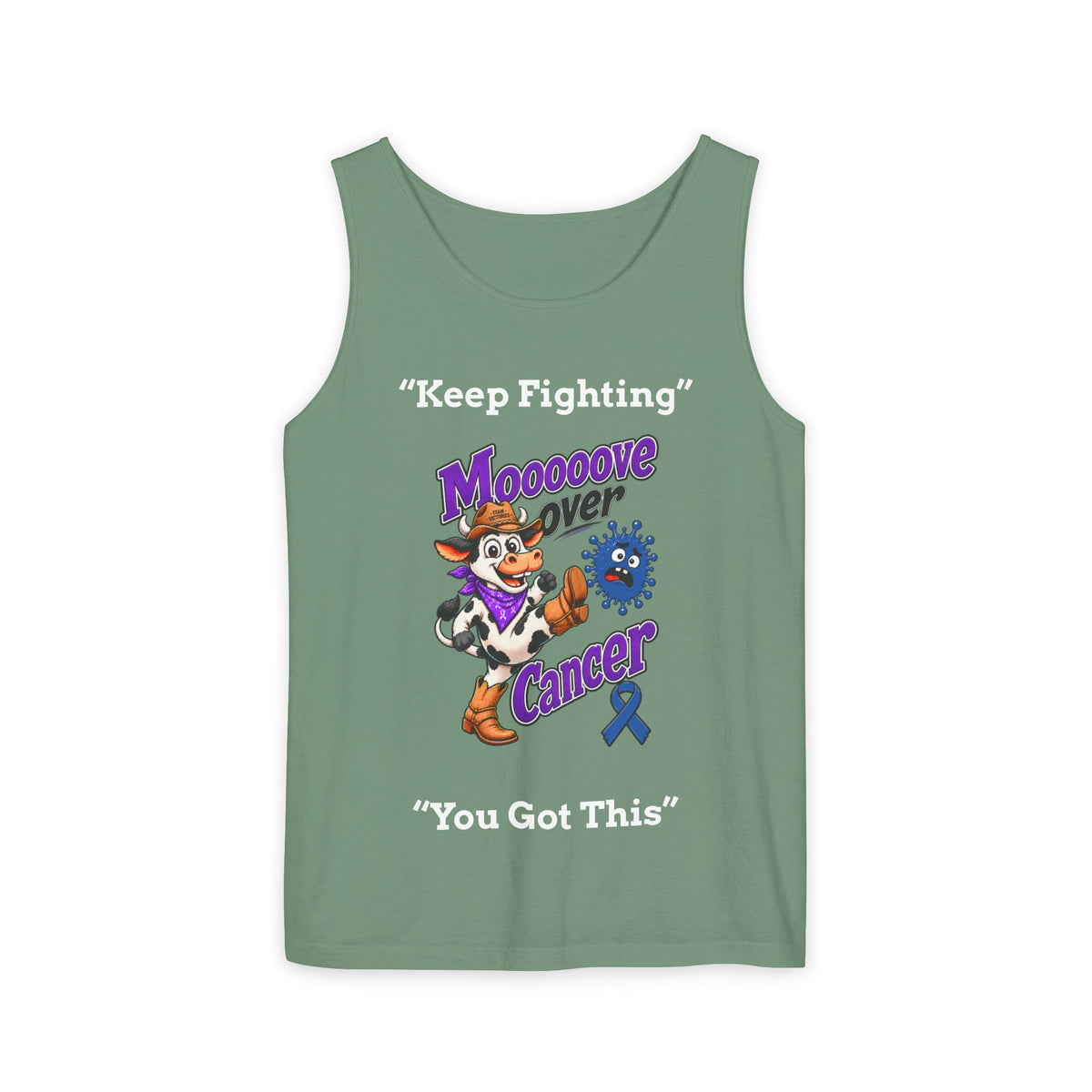 Green Moooove Over Cancer tank top with Keep Fighting lettering and Colon Cancer awareness ribbon