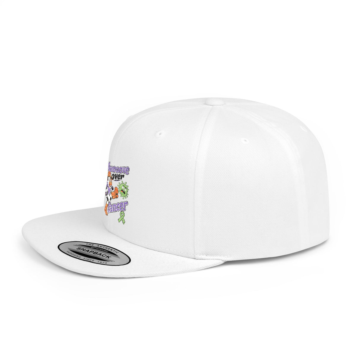 Back view of white Moooove Over Cancer snapback showing adjustable plastic closure