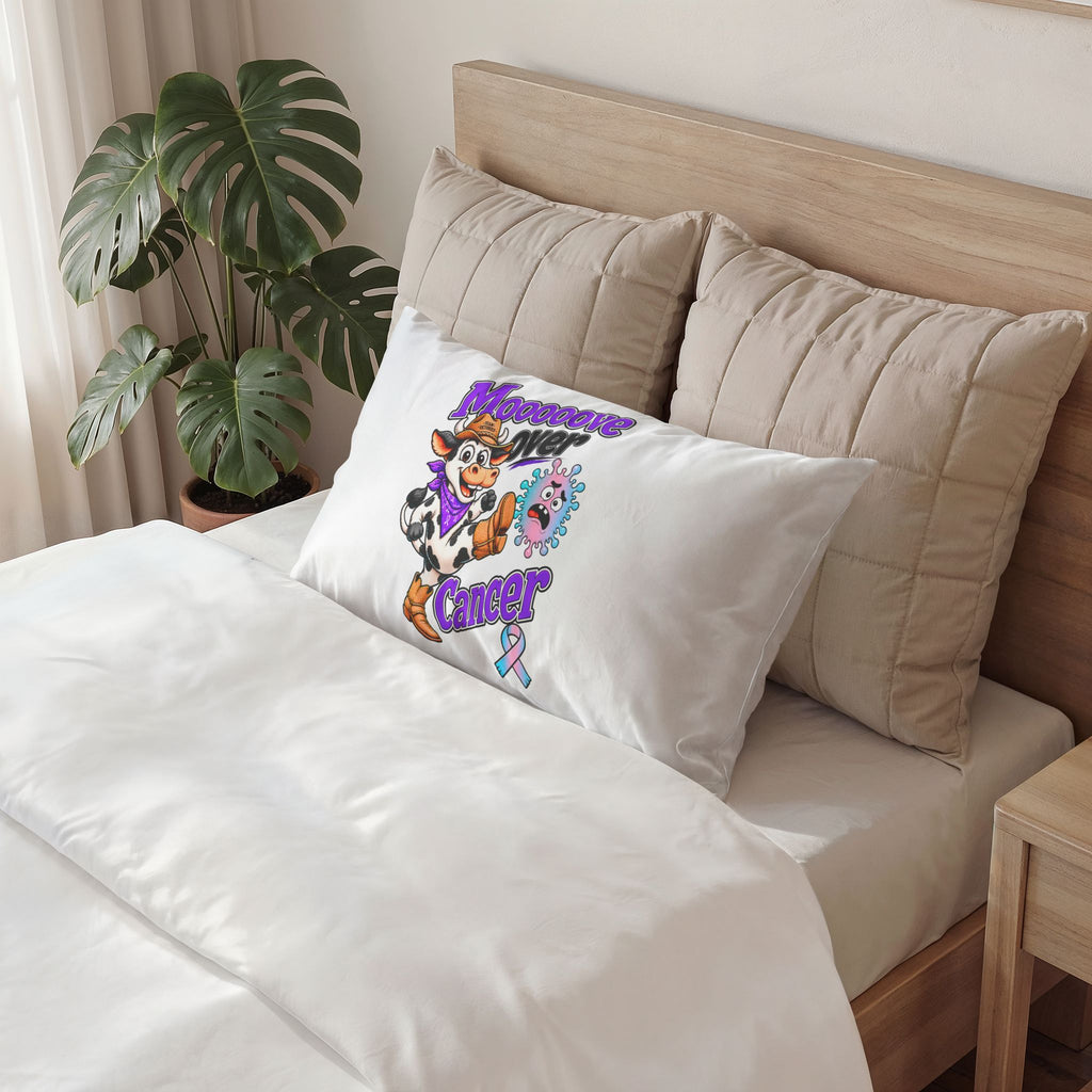 Moooove Over Cancer cotton pillow sham displayed on a bed with colorful cow artwork