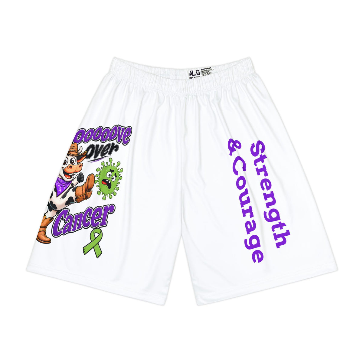 Moooove Over Cancer sports shorts with Strength & Courage lettering and a lime Non-Hodgkin/Lymphoma Cancer awareness ribbon
