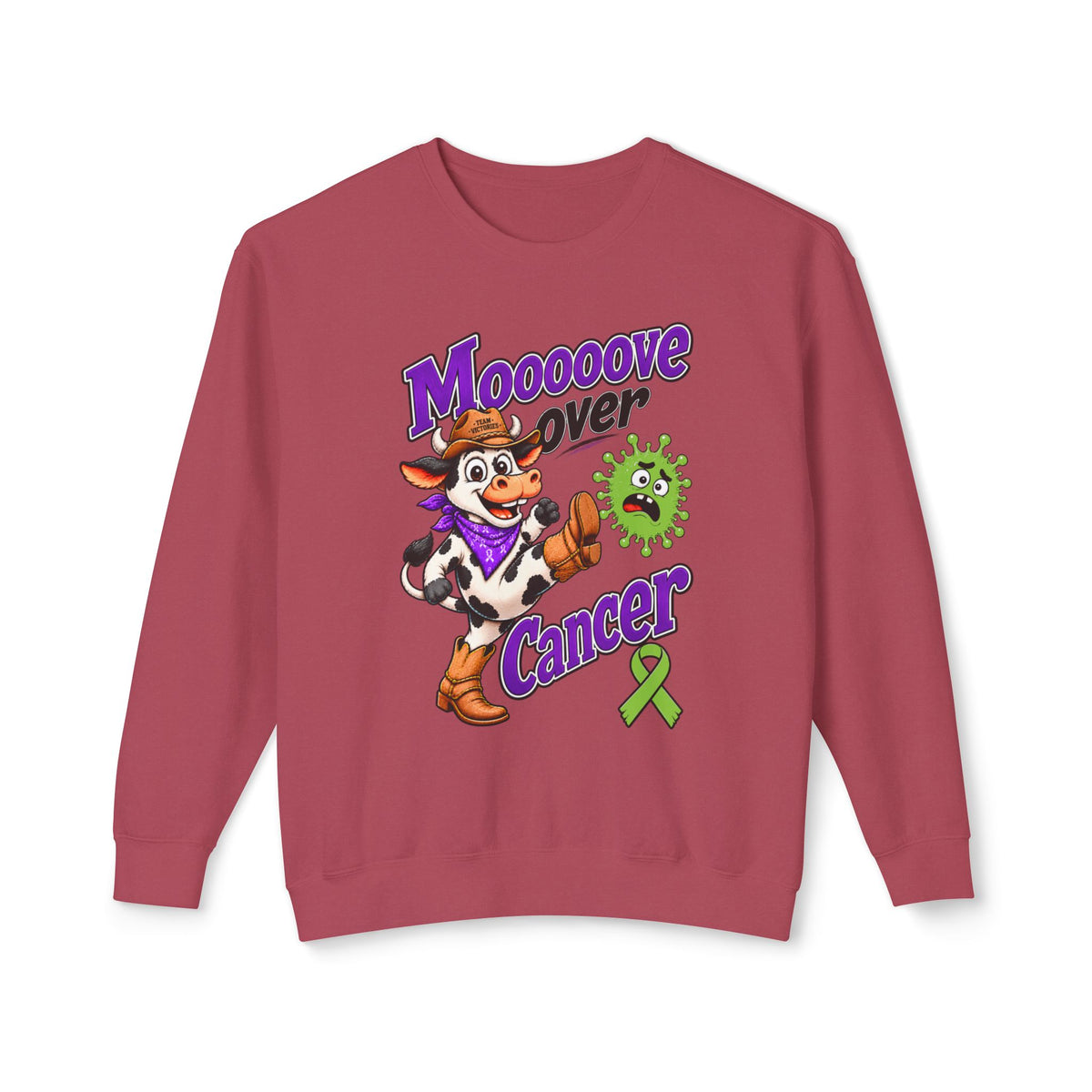 Moooove Over Cancer crewneck sweatshirt in burgundy with cow artwork and Non-Hodgkin/Lymphoma Cancer awareness ribbon