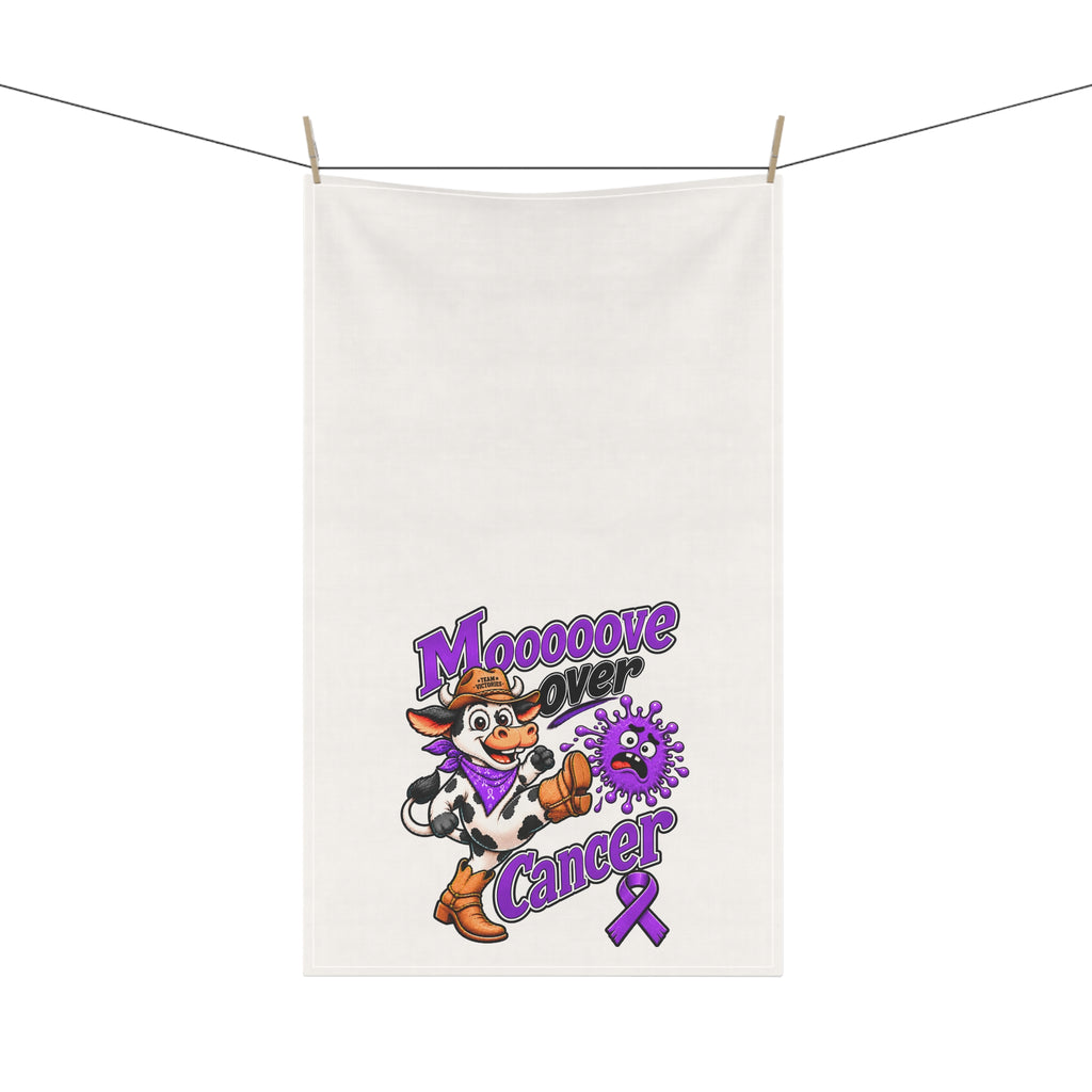 Moooove Over Cancer tea towel hanging outdoors with colorful cow and purple ribbon design