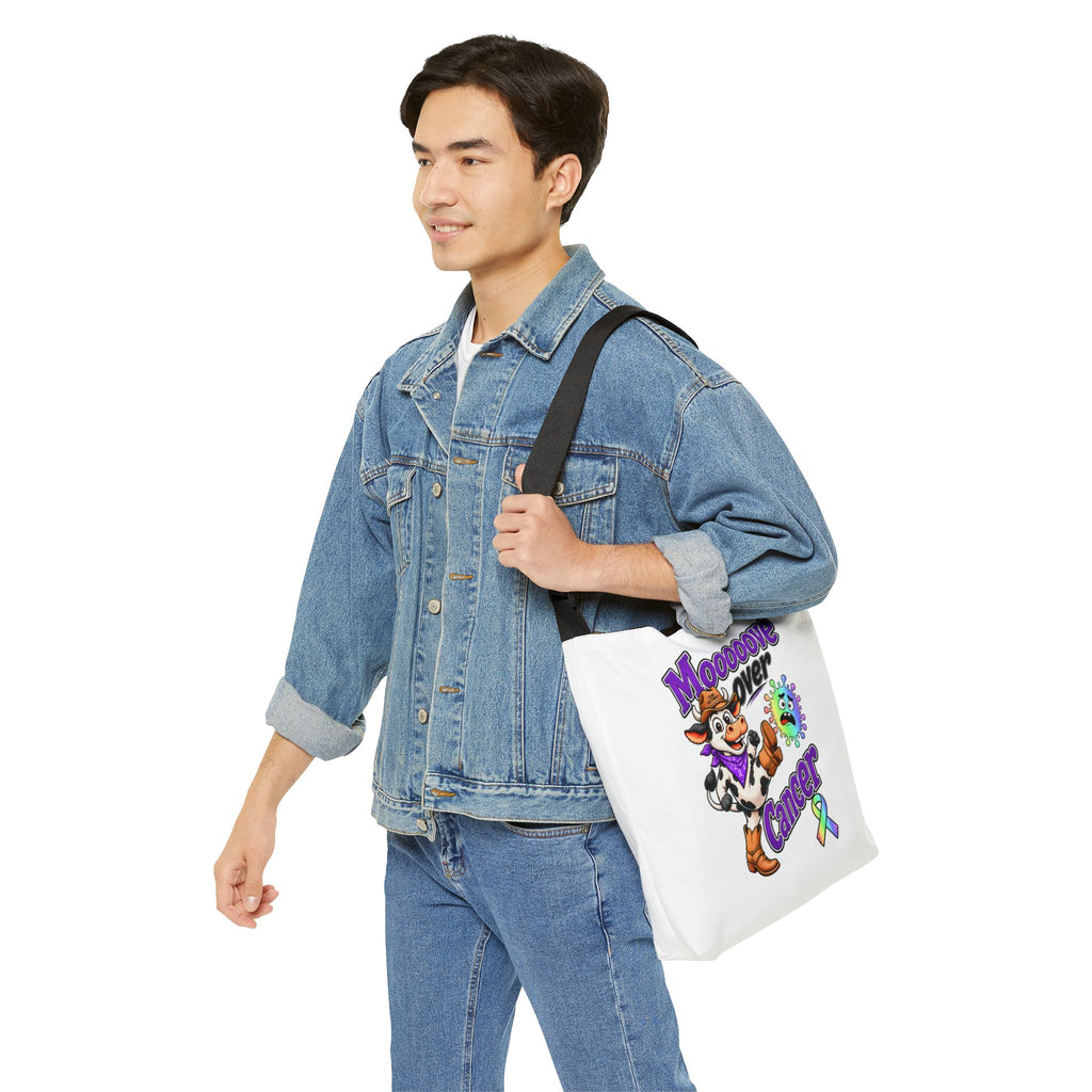 Moooove Over Cancer tote worn over the shoulder with colorful cancer support artwork
