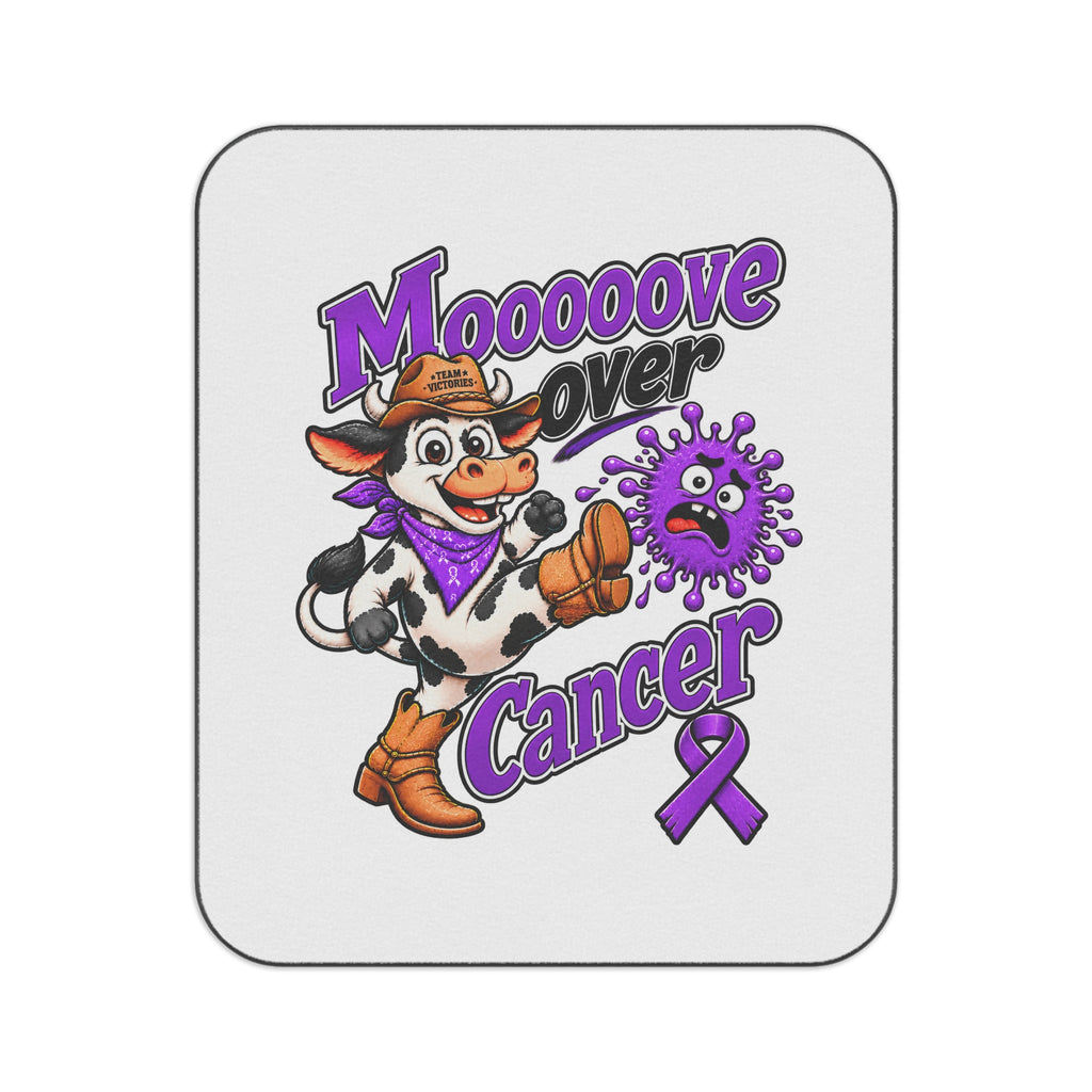 Moooove Over Cancer picnic blanket with playful cow, purple ribbon, and colorful cancer support artwork