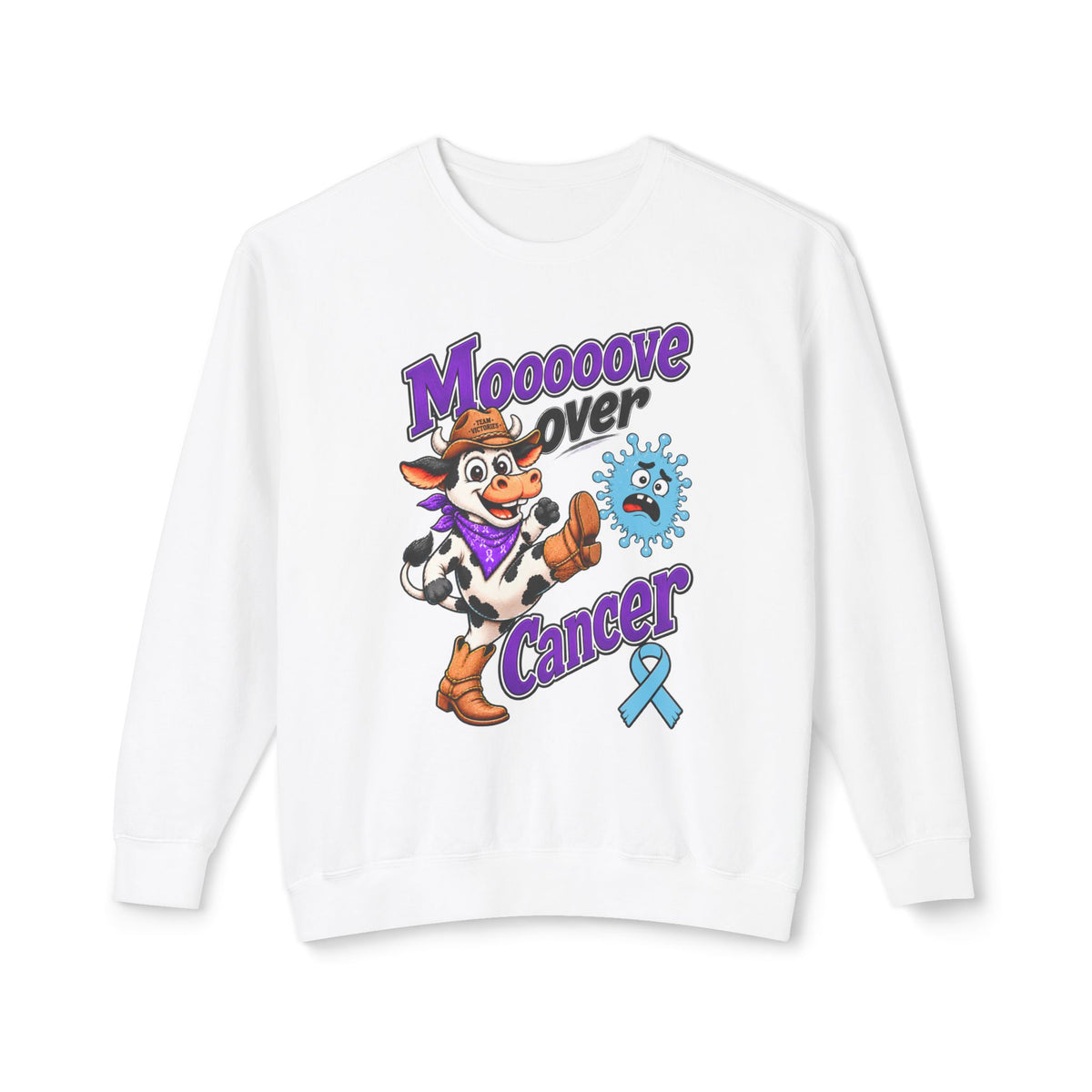 Moooove Over Cancer white sweatshirt with cow graphic and Prostate Cancer awareness ribbon