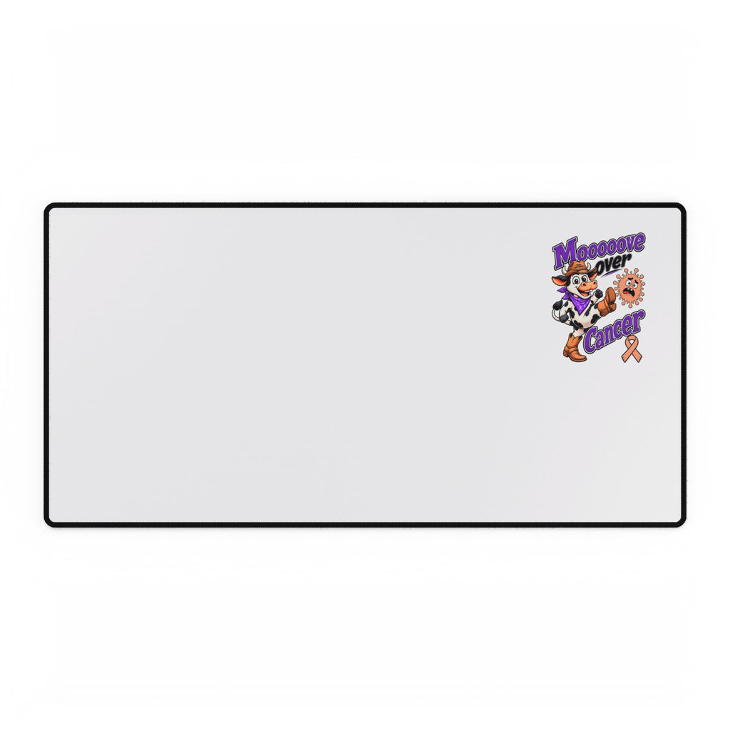 Moooove Over Cancer extended desk mat with Uterine Cancer awareness ribbon design