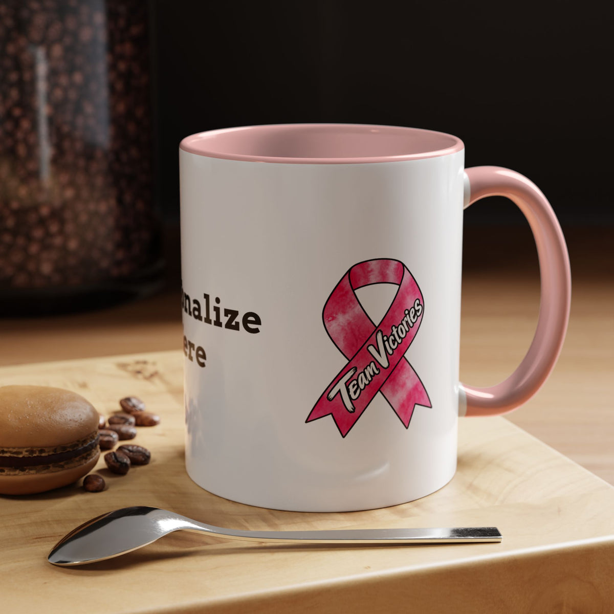 Moooove Over Cancer mug displaying cow character artwork and pink Breast Cancer awareness ribbon