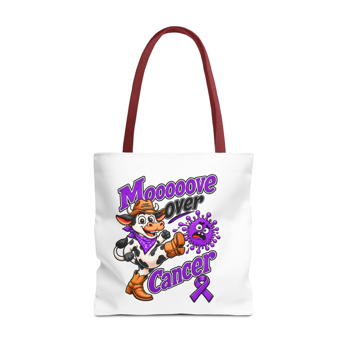 Close front view of the Moooove Over Cancer polyester tote artwork