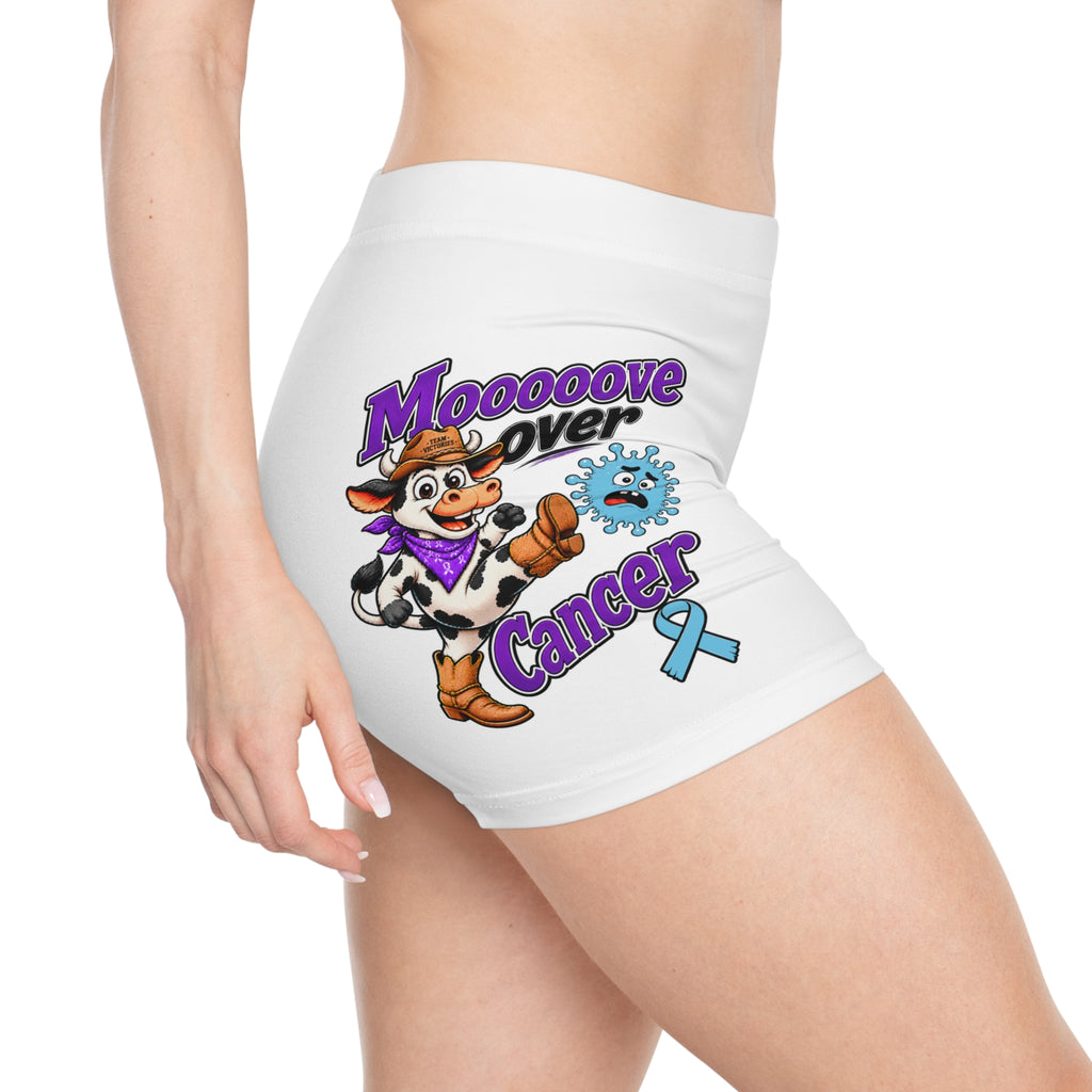 Side view of Moooove Over Cancer women's shorts with cow artwork, blue ribbon, and purple lettering