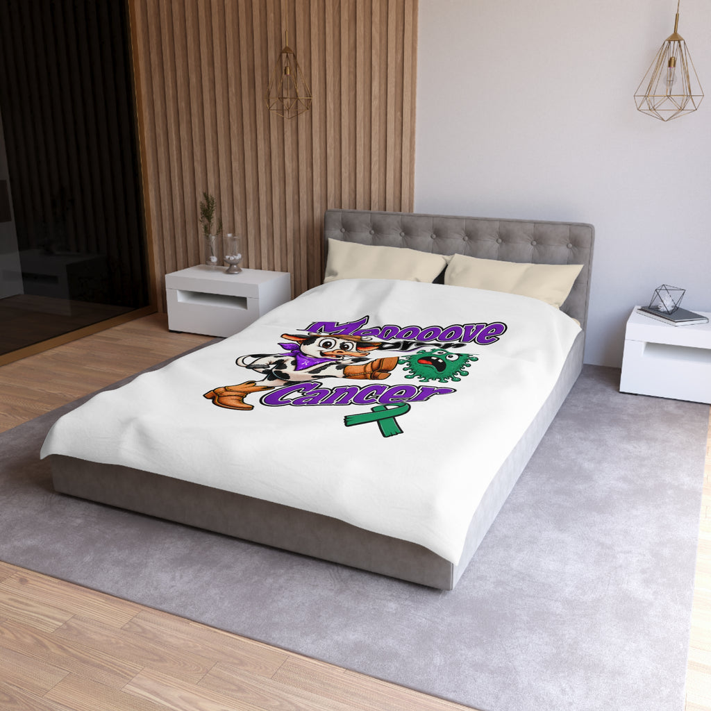 Moooove Over Cancer duvet cover displayed on a bed with colorful Liver Cancer awareness artwork