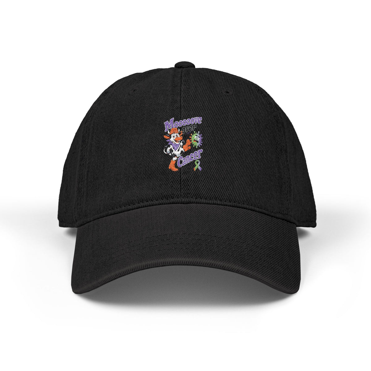 Moooove Over Cancer embroidered denim hat in black, front view