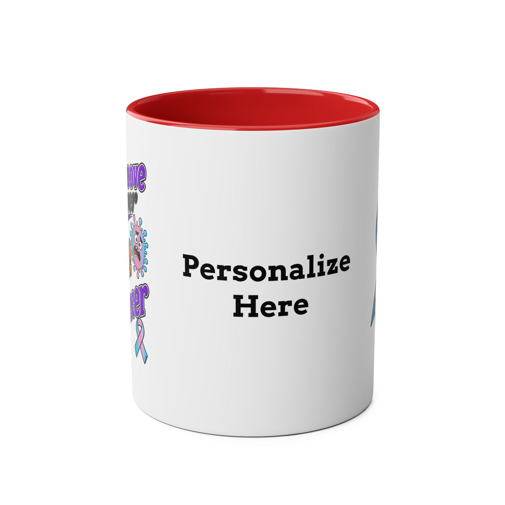 Red personalized Moooove Over Cancer mug showing the custom text area