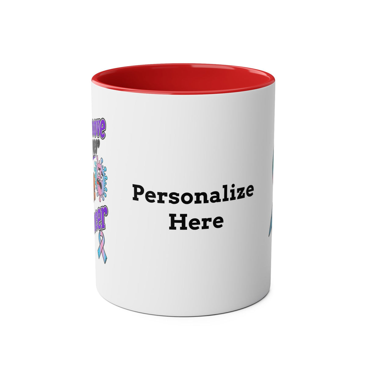 Red personalized Moooove Over Cancer mug showing the custom text area