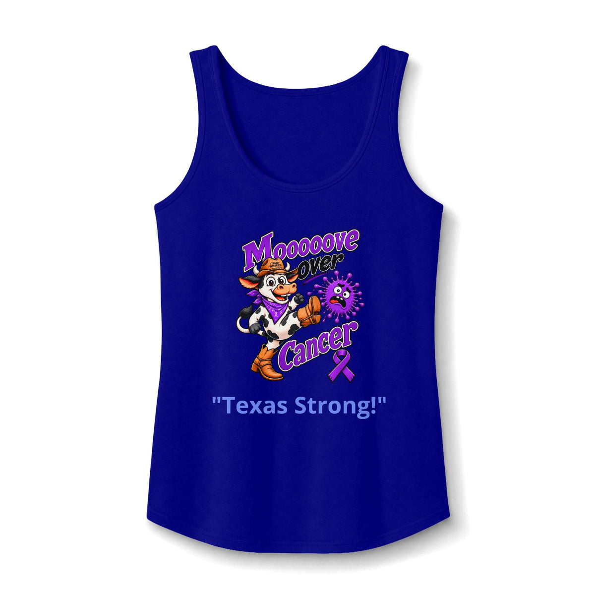 Royal blue Moooove Over Cancer Texas Strong tank top with Pancreatic Cancer awareness ribbon