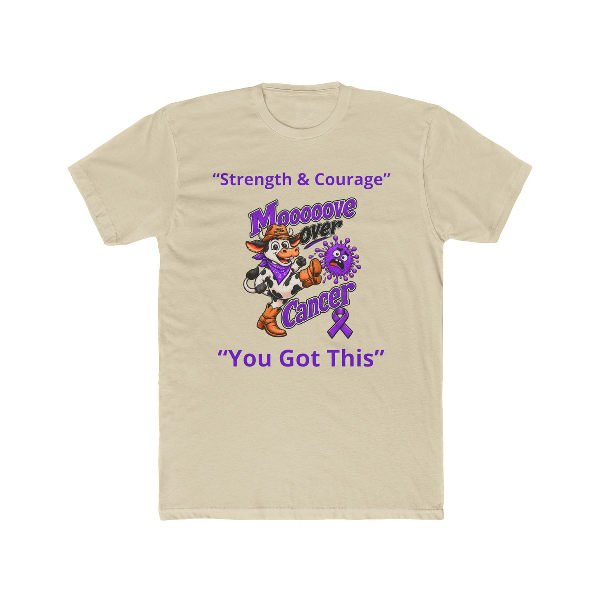 Cream Moooove Over Cancer T-shirt showing a character graphic and Pancreatic Cancer awareness ribbon