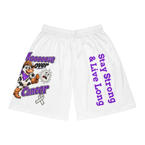 Front view of white Moooove Over Cancer shorts with Stay Strong & Live Long artwork