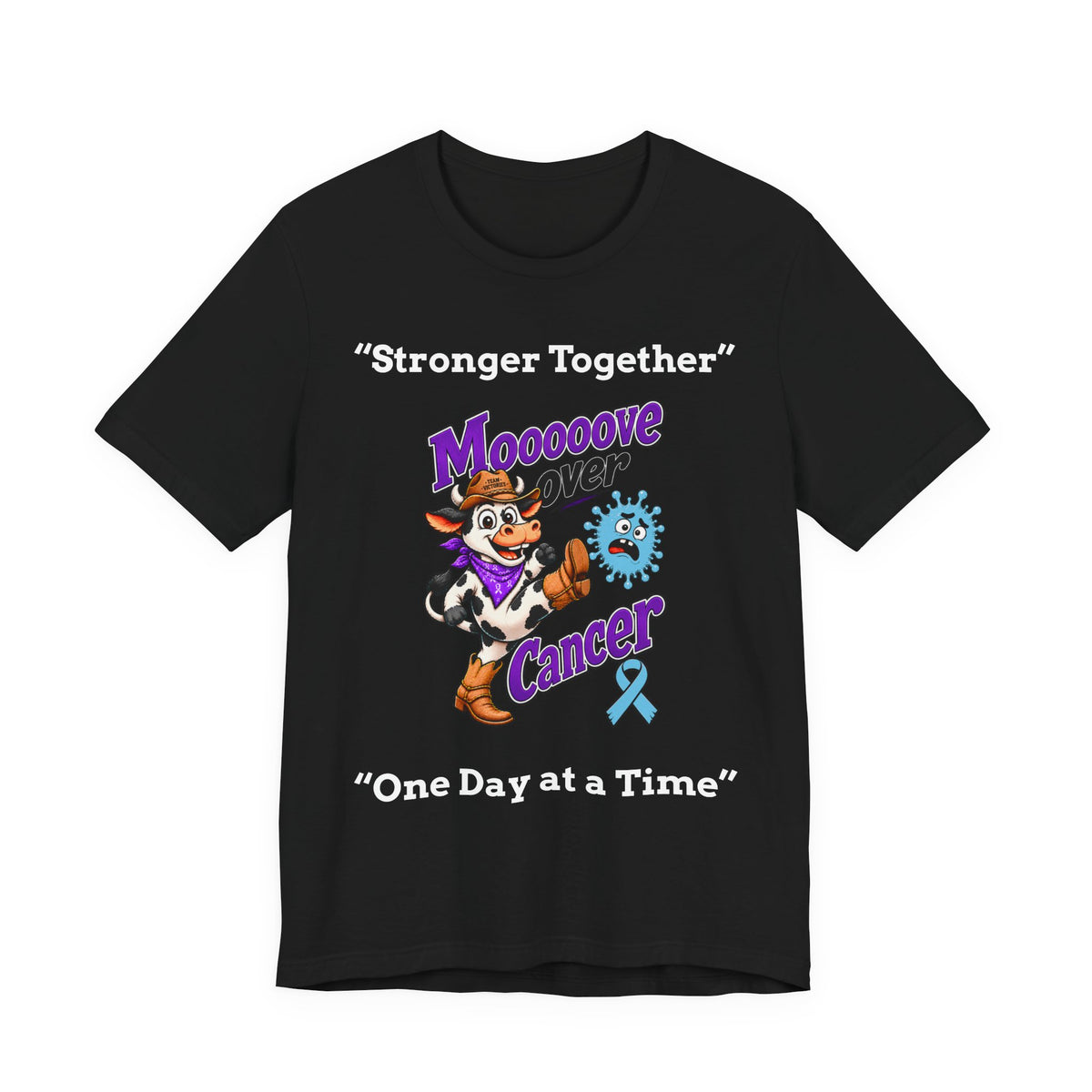 Black Moooove Over Cancer crew-neck T-shirt with purple lettering