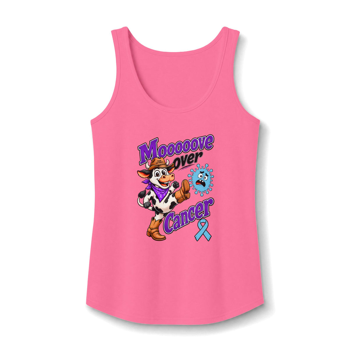 Moooove Over Cancer pink tank top with a Prostate Cancer awareness ribbon