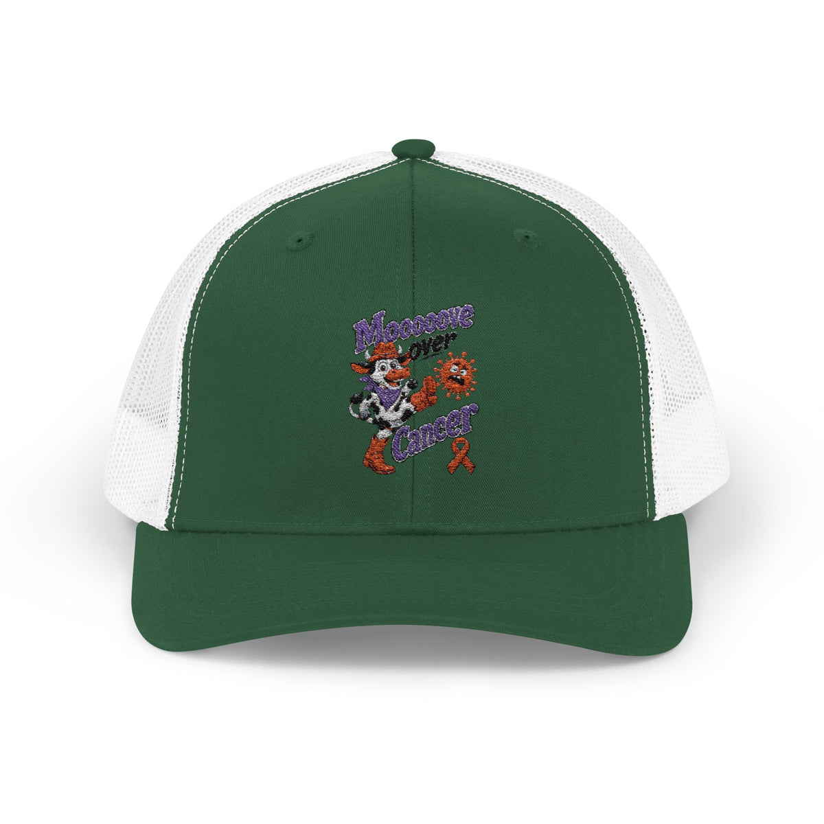 Moooove Over Cancer trucker hat with Leukemia/Kidney Cancer awareness ribbon artwork