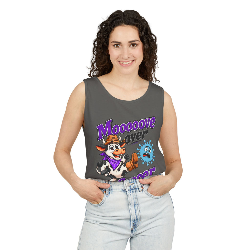 Man wearing a gray Moooove Over Cancer tank top with colorful cow graphic