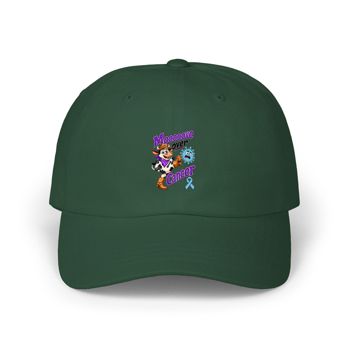 Beige Moooove Over Cancer dad cap with Prostate Cancer awareness ribbon artwork