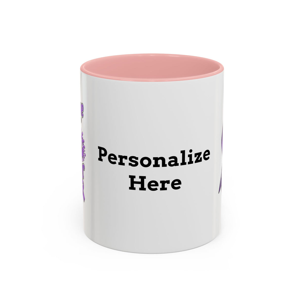 Team Victories purple Pancreatic Cancer awareness ribbon on a pink accent mug
