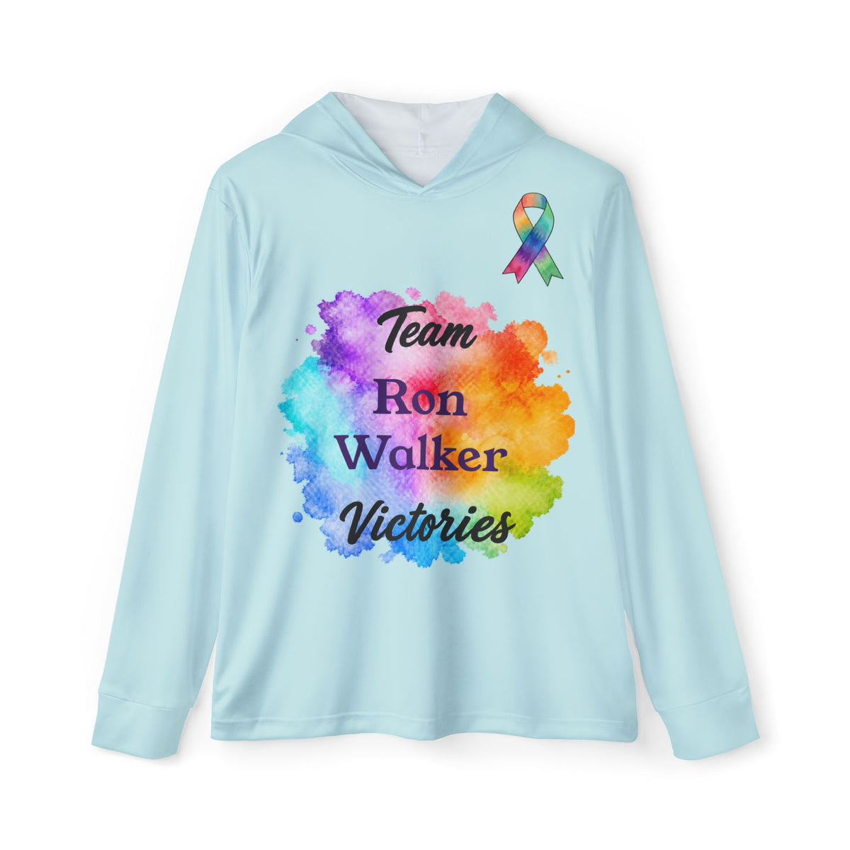 Light Blue Team Victories hoodie with colorful front artwork and the name Ron Walker