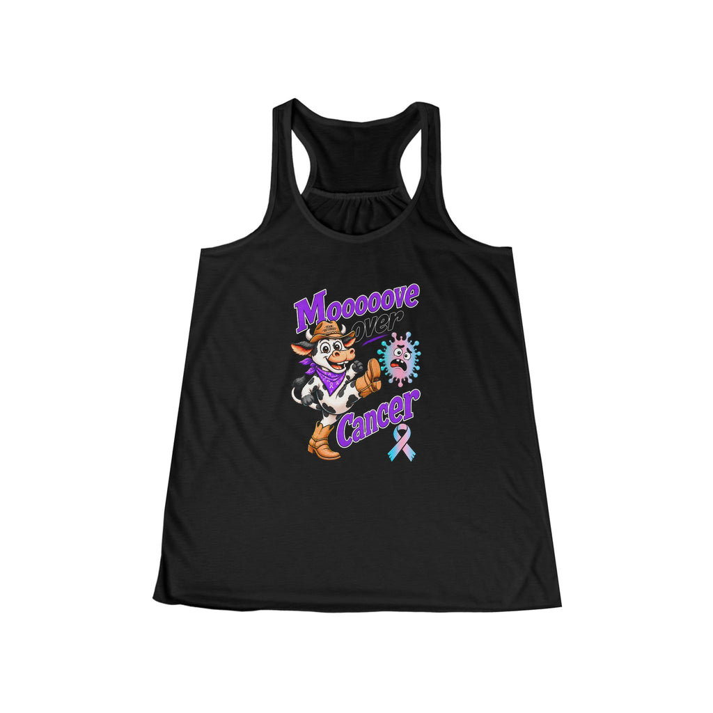 Black Moooove Over Cancer women's racerback tank with playful character artwork and awareness ribbon