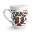 White Kickin' Cancer latte mug with cowboy boot artwork and purple ribbon detail
