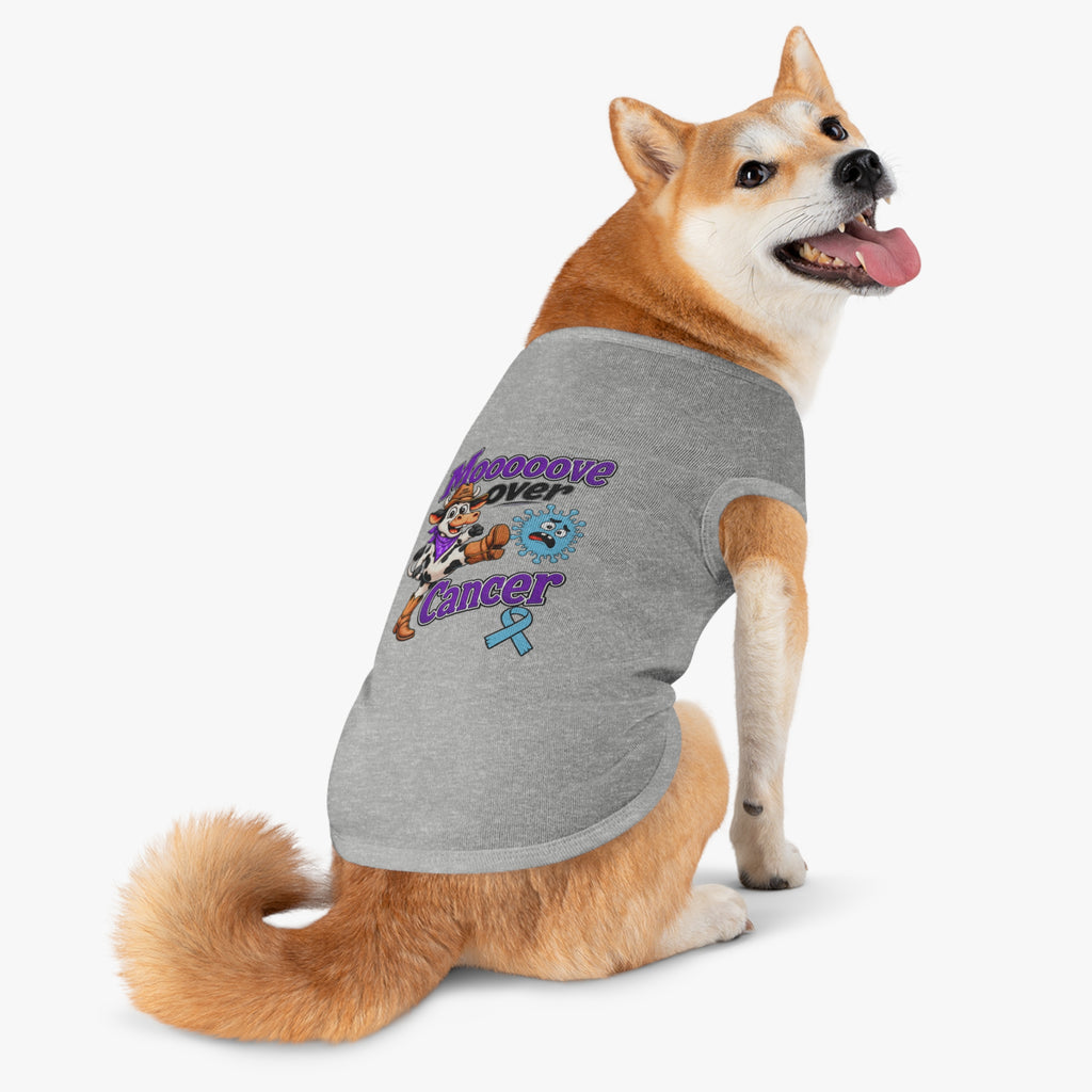 Dog modeling pink Moooove Over Cancer pet tank top with cow and blue awareness ribbon