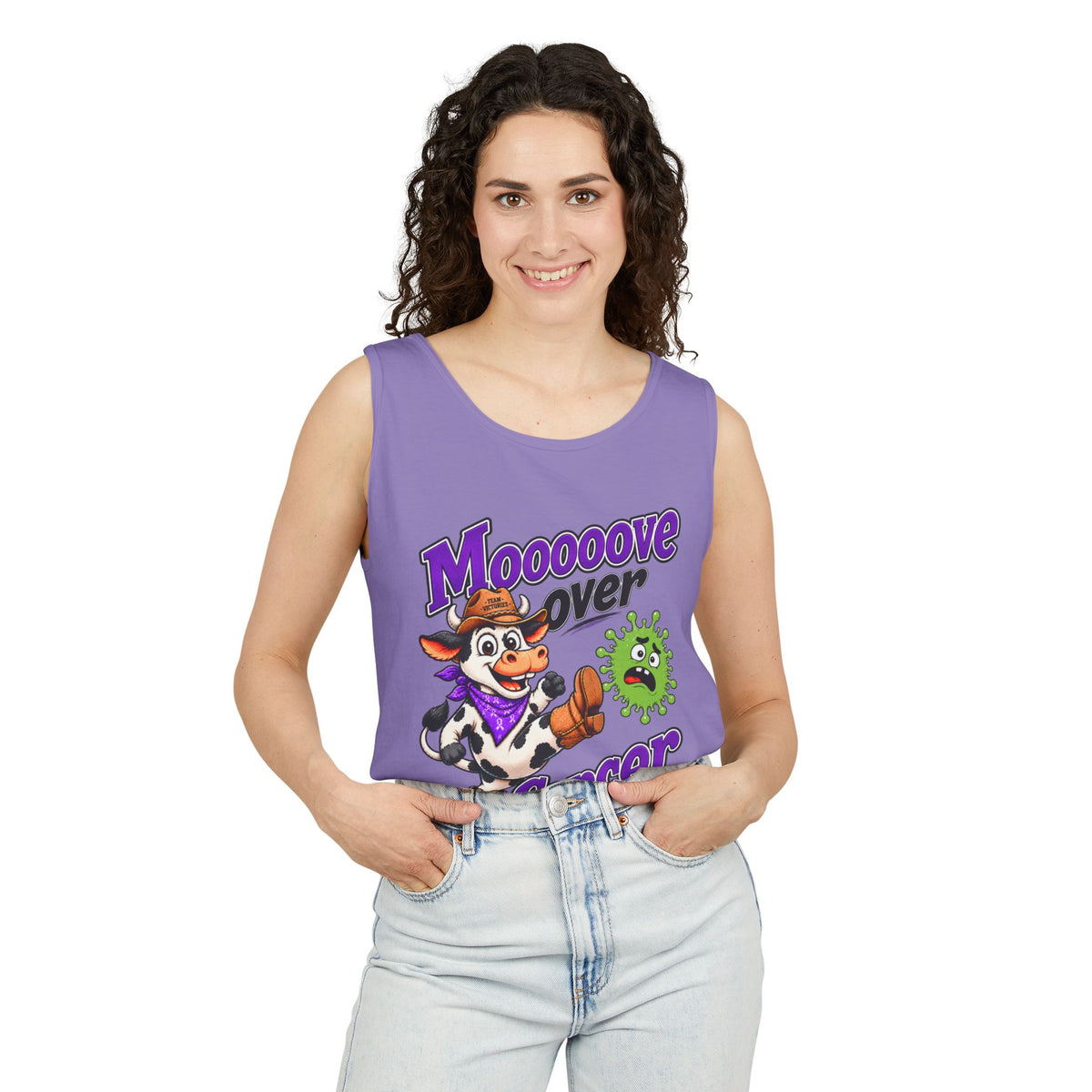 Man modeling purple Moooove Over Cancer tank top with cancer awareness design