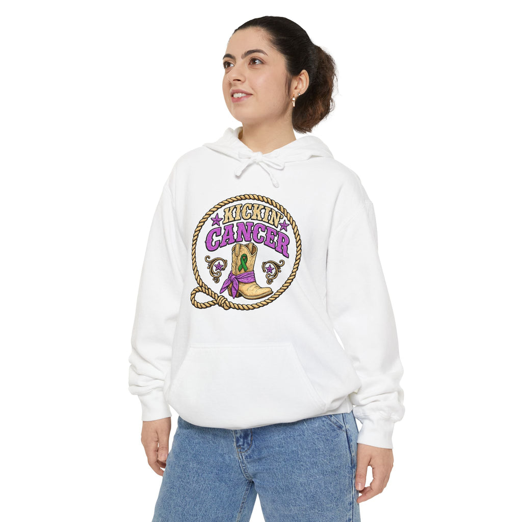 Model wearing a white Cancer graphic hoodie with kangaroo pocket and relaxed fit