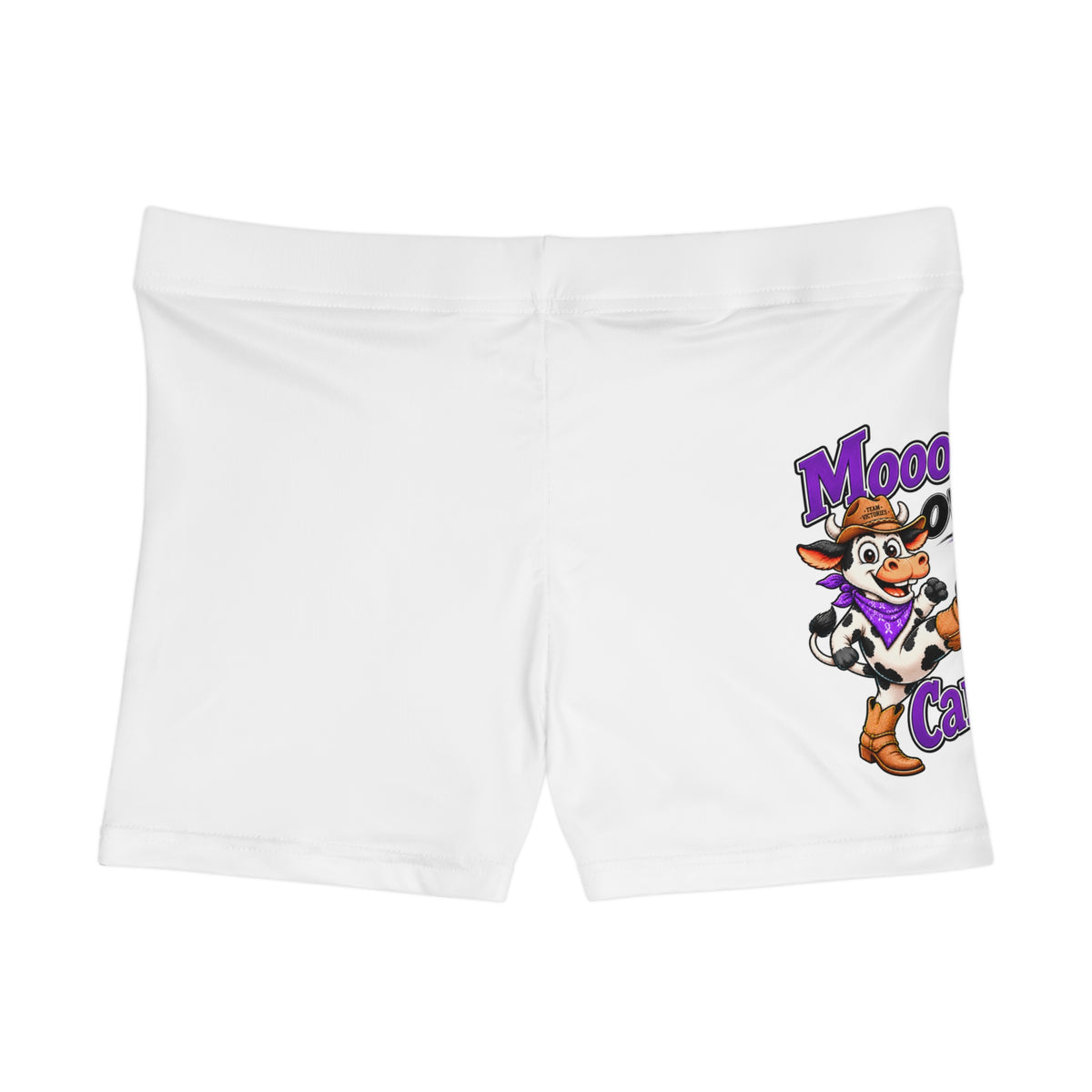 Back view of Moooove Over Cancer women’s shorts with cow artwork on the right side