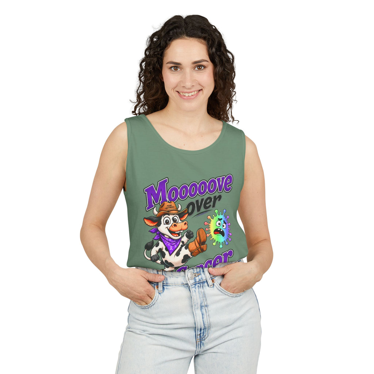 Man wearing turquoise Moooove Over Cancer tank top with all-cancer awareness ribbon