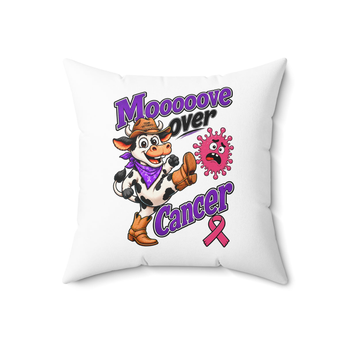 Moooove Over Cancer pillow close-up with colorful cow artwork and Breast Cancer awareness ribbon