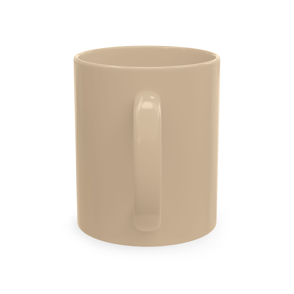 Back view of the Almond Kickin' Cancer ceramic mug showing its C-shaped handle