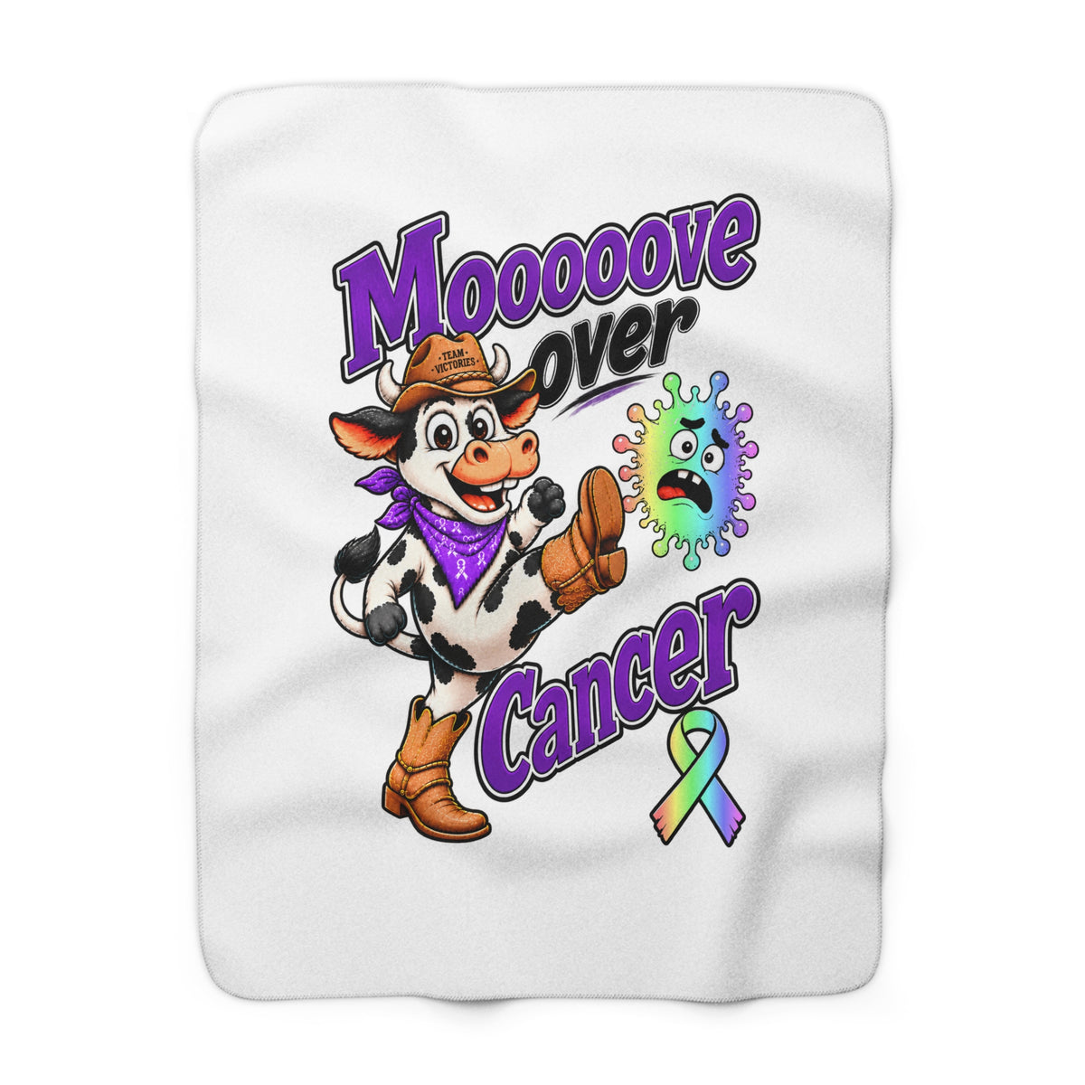 Moooove Over Cancer cow design with all-cancer awareness ribbon on a white sherpa blanket