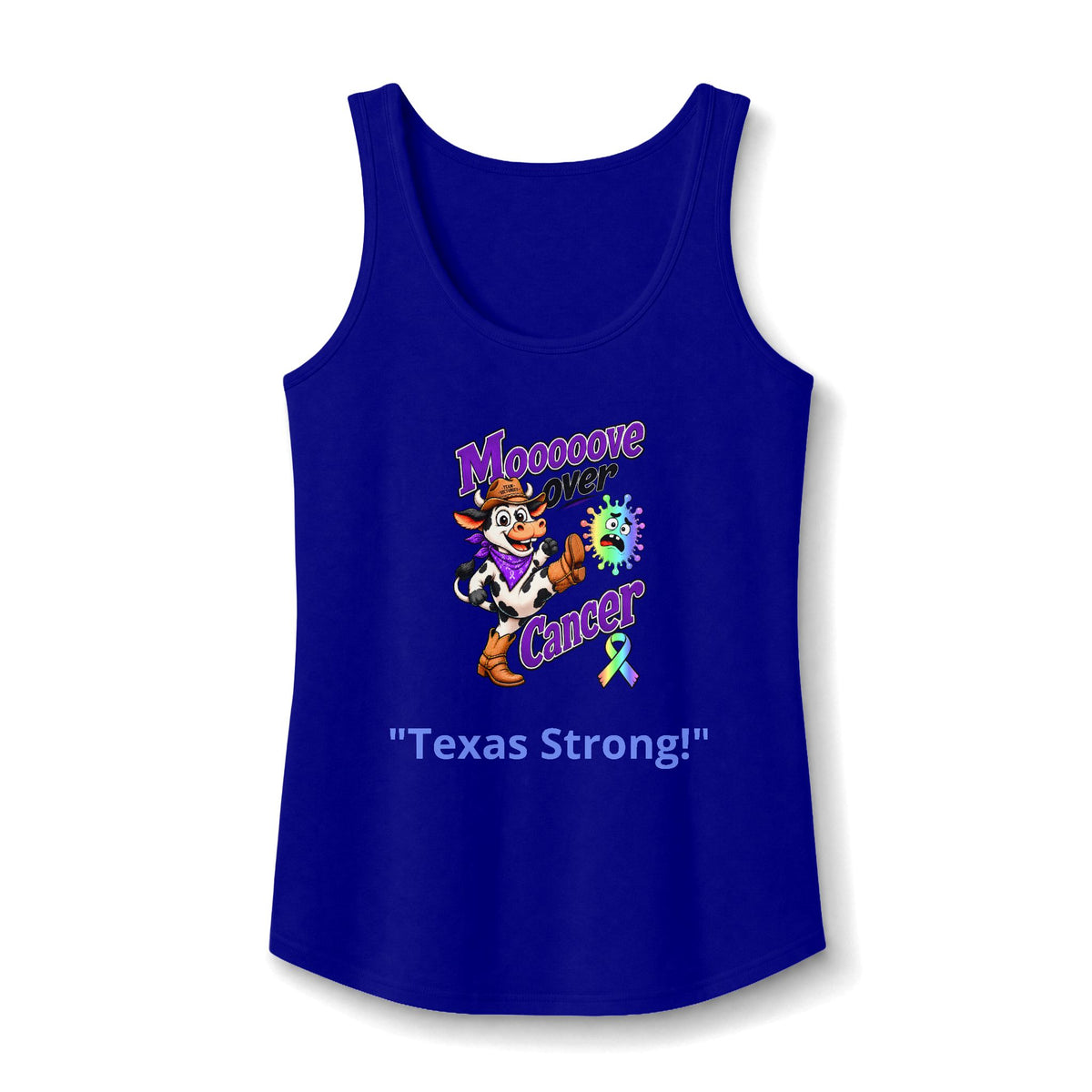 Royal blue Moooove Over Cancer Texas Strong tank top with all-cancer awareness ribbon