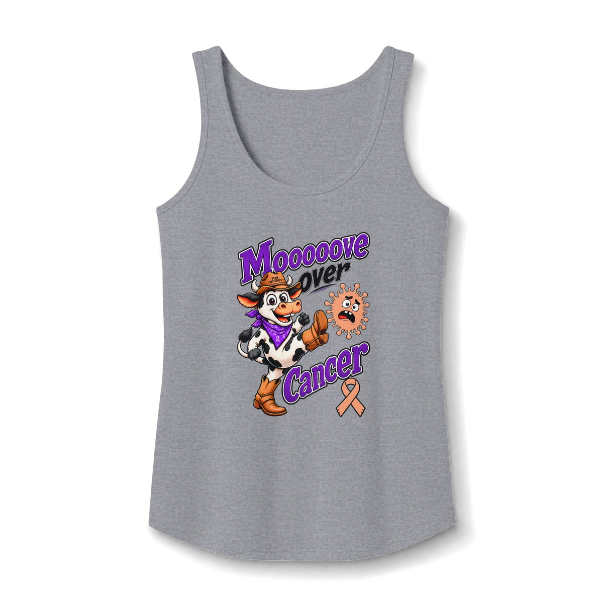 Heather gray Moooove Over Cancer tank top with cow graphic and Uterine Cancer awareness ribbon