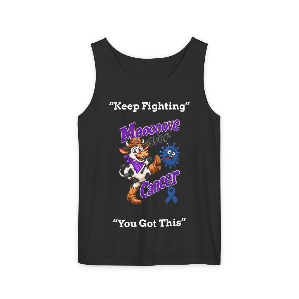 Lavender Moooove Over Cancer tank top with Colon Cancer awareness ribbon and encouragement messages