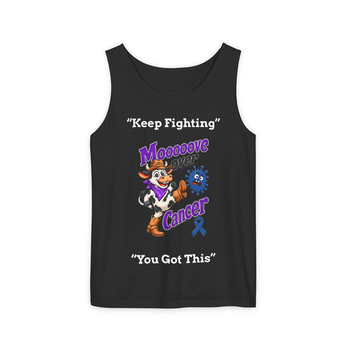 Lavender Moooove Over Cancer tank top with Colon Cancer awareness ribbon and encouragement messages