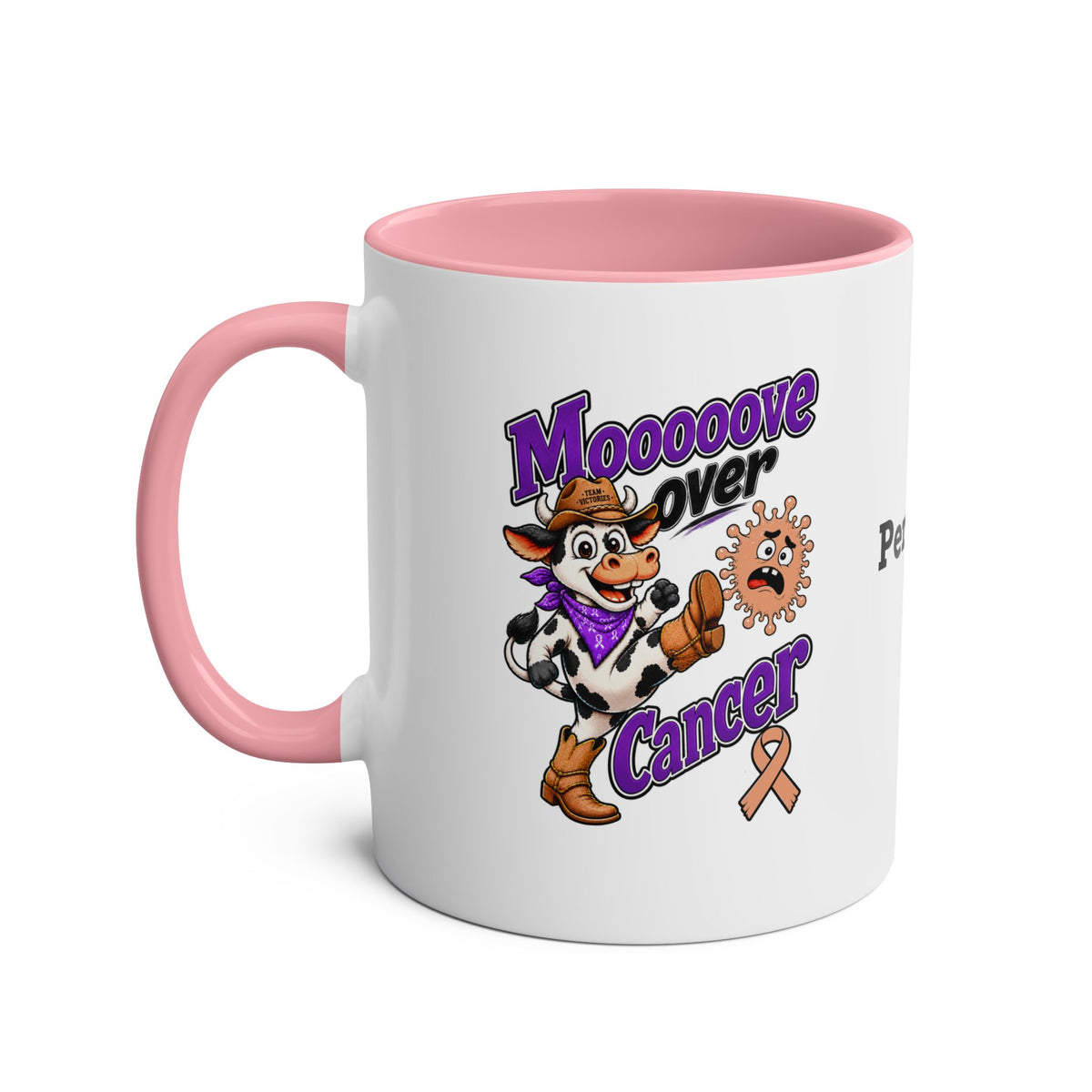 Moooove Over Cancer personalized mug with pink interior and handle