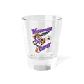 Moooove Over Cancer 1.5 oz shot glass with cow artwork and purple ribbon