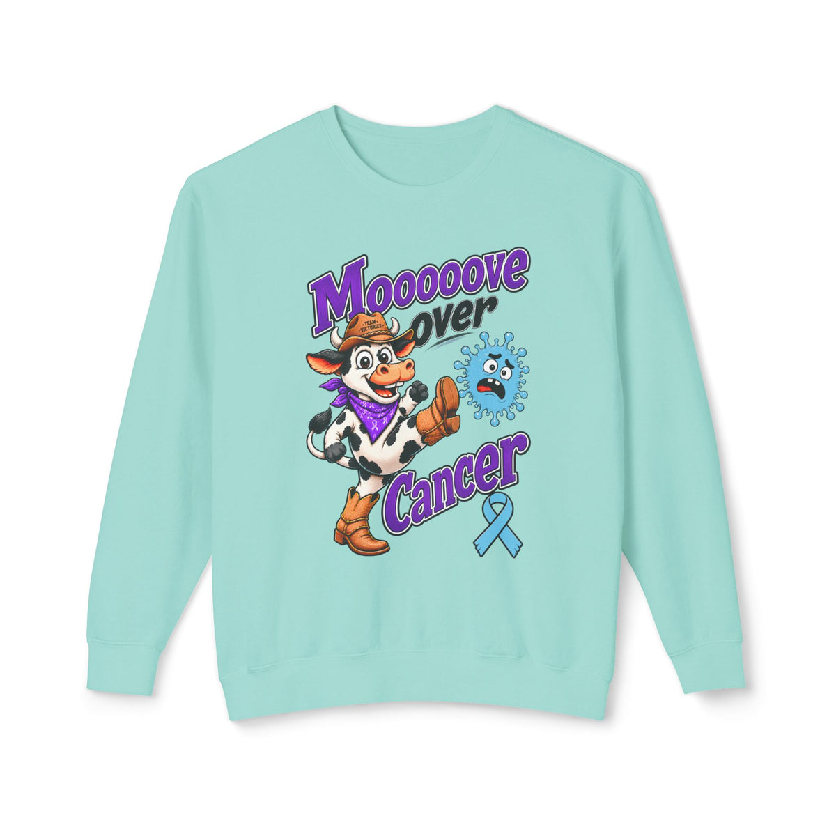 Moooove Over Cancer aqua sweatshirt with cow graphic and Prostate Cancer awareness ribbon
